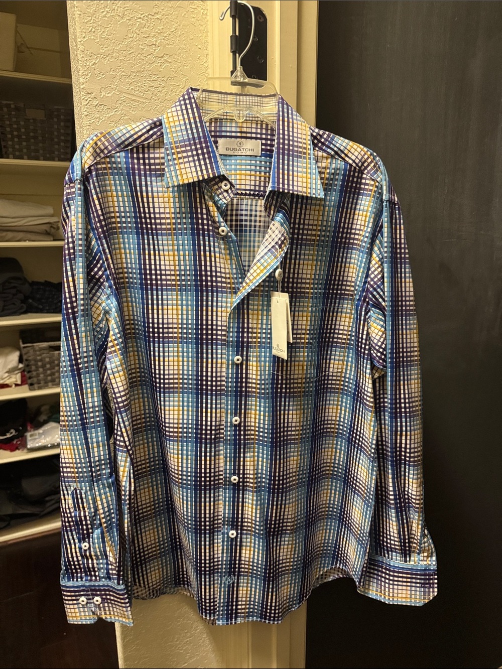 Bugatchi Men’s Blue, Yellow & White Plaid Button-Down Shirt